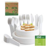 250 Pieces Compostable Utensil Set, 50 Large, 50 Small Biodegradable Paper Plates with 60 Forks, 60 Spoons, 60 Knives, Plastic Alternative Cutlery