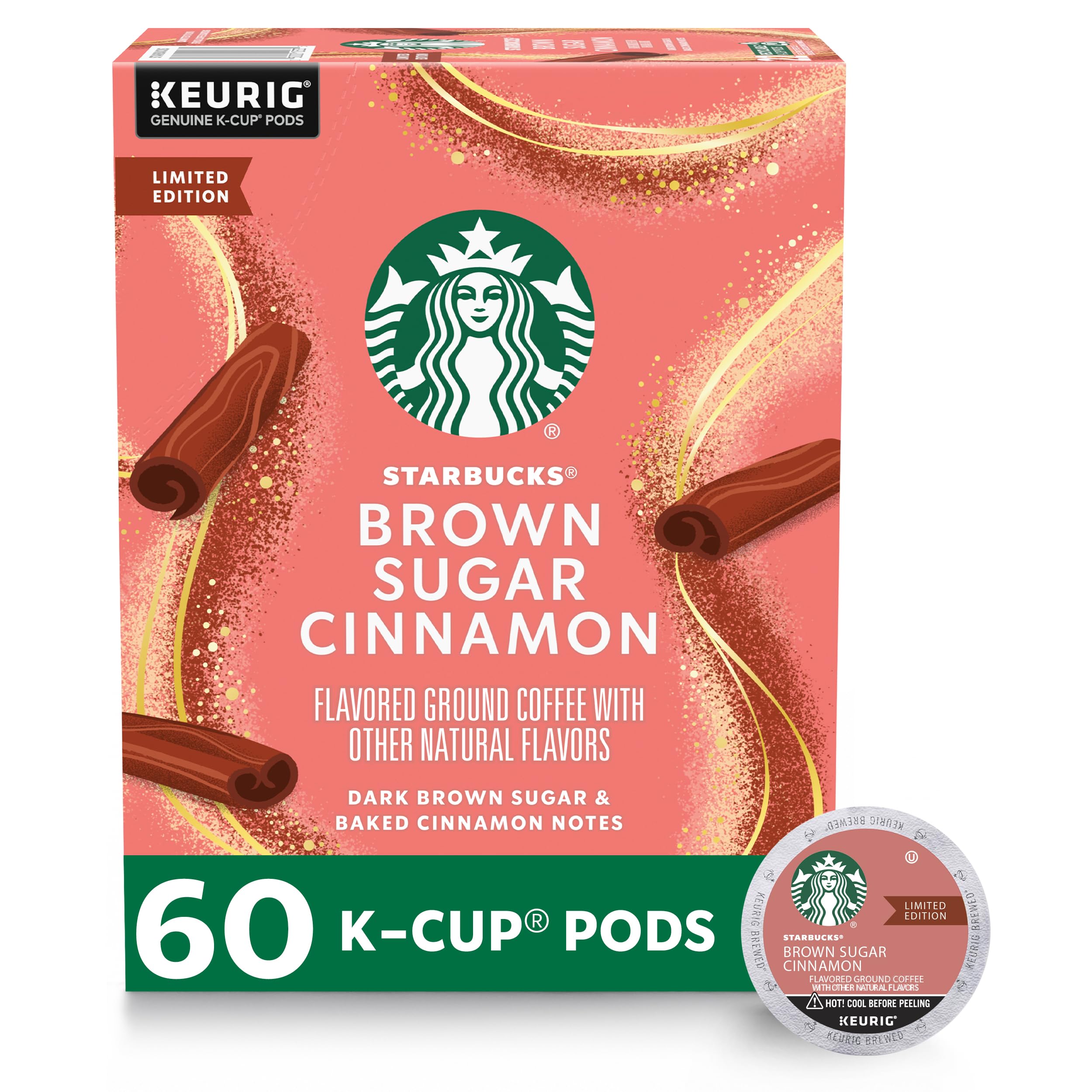 Starbucks K-Cup Coffee Pods, Brown Sugar Cinnamon Naturally Flavored Coffee For Keurig Coffee Makers, 100% Arabica, Limited Edition, 6 Boxes (60 Pods Total)