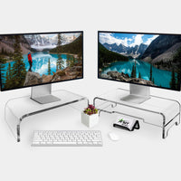 AMT 2 Tier 5.5 Inch High AMT Clear Acrylic Monitor Stand Riser Clear Computer with Cat Keyboard Protector, Space-Saving Design, Extra Storage, Clear Shelf - Ideal for Monitors, Laptops, Printers,