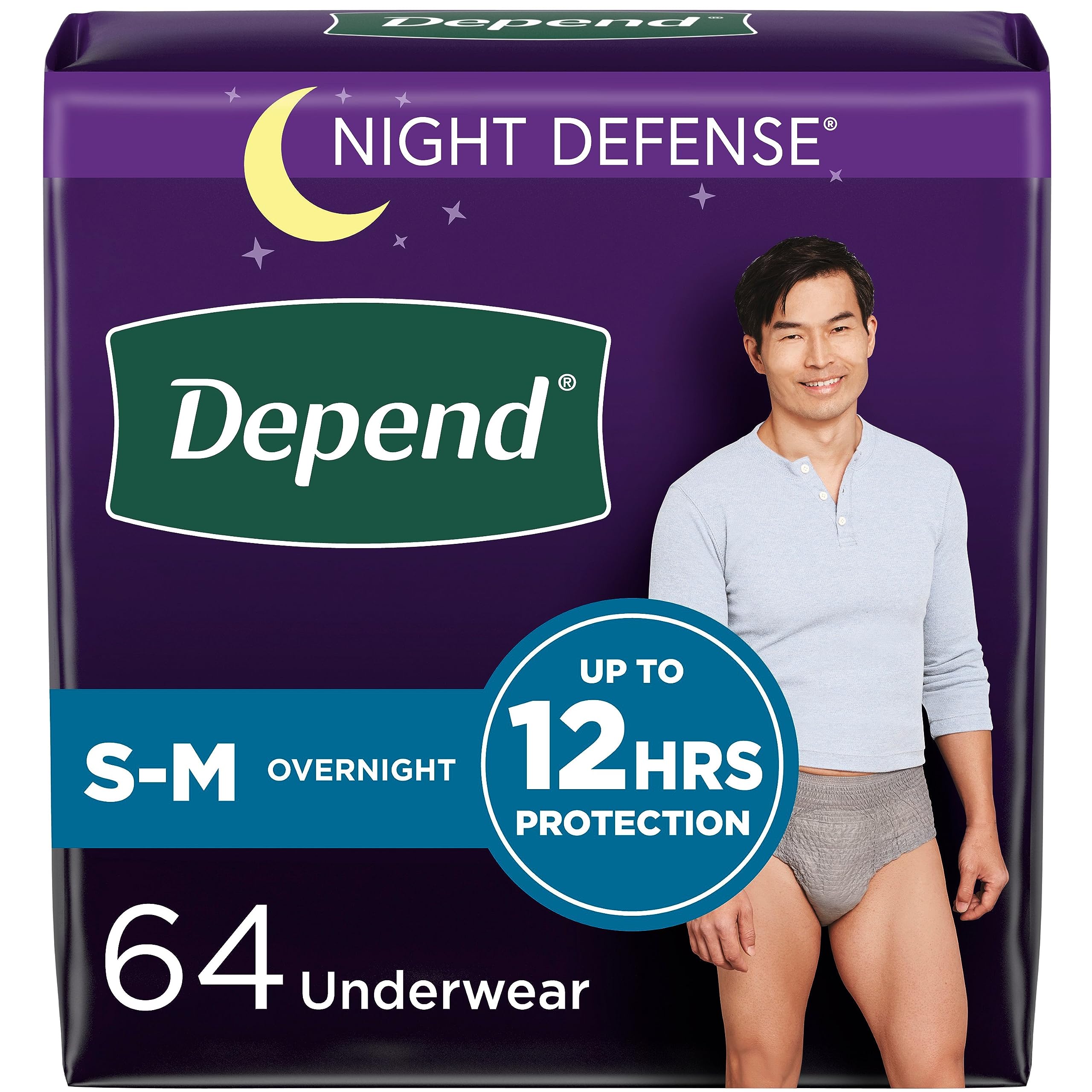 Depend Night Defense Adult Incontinence Underwear for Men, Disposable, Overnight, Small/Medium, Grey, 64 Count (4 Packs of 16), Packaging May Vary