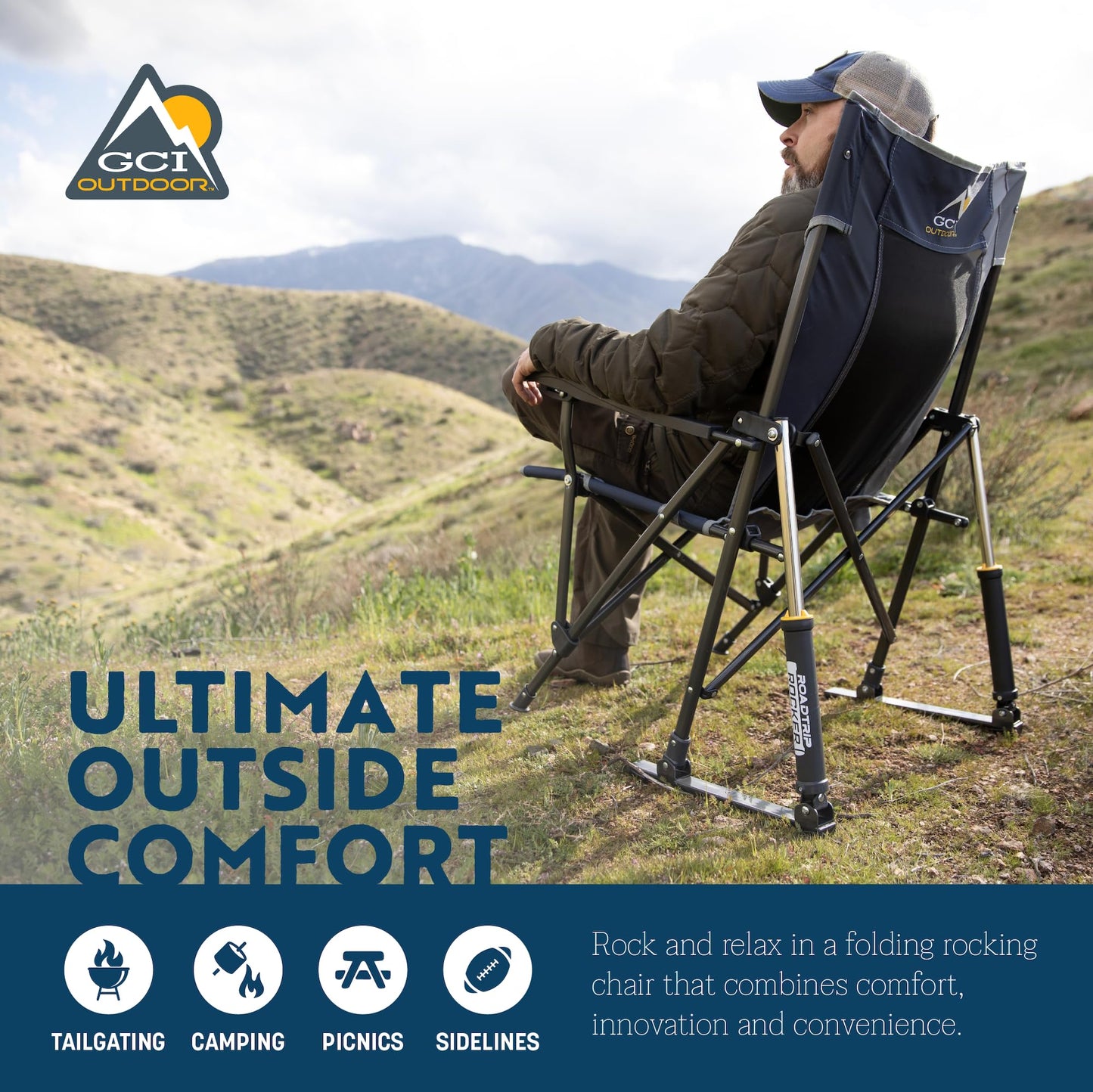 GCI Outdoor Roadtrip Rocker Camping Chair | Portable, Folding Rocking Chair with Solid, Durable Armrests, Drink Holder & Comfortable Extended Backrest — Indigo Blue