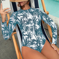 Womens Tropical Print One-Piece Swimsuit - Removable Padded, Long Sleeves, Half Zipper, Crew Neck, Medium Stretch, Quick-Dry Polyester - Surfing Water Sports Competitive Bathing Suit