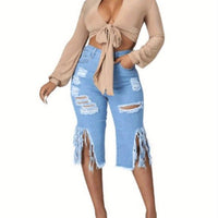Trendy Women's Distressed Denim Shorts - Fringe Hem, Stylish, Comfortable for Casual Wear
