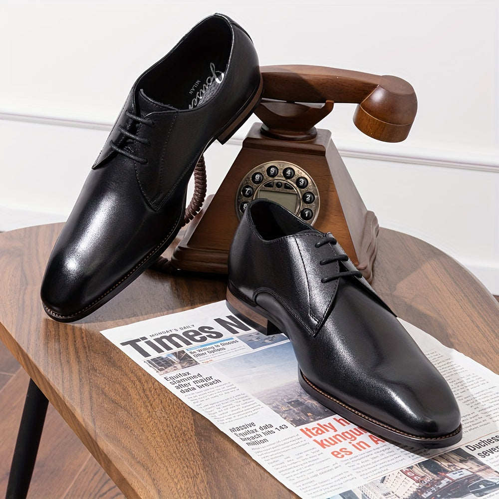 Men's Solid Colour Top Grain Leather Plain Toe Oxford Shoes, Comfy Non Slip Durable Rubber Sole Lace Up Formal Shoes, Men's Footwear
