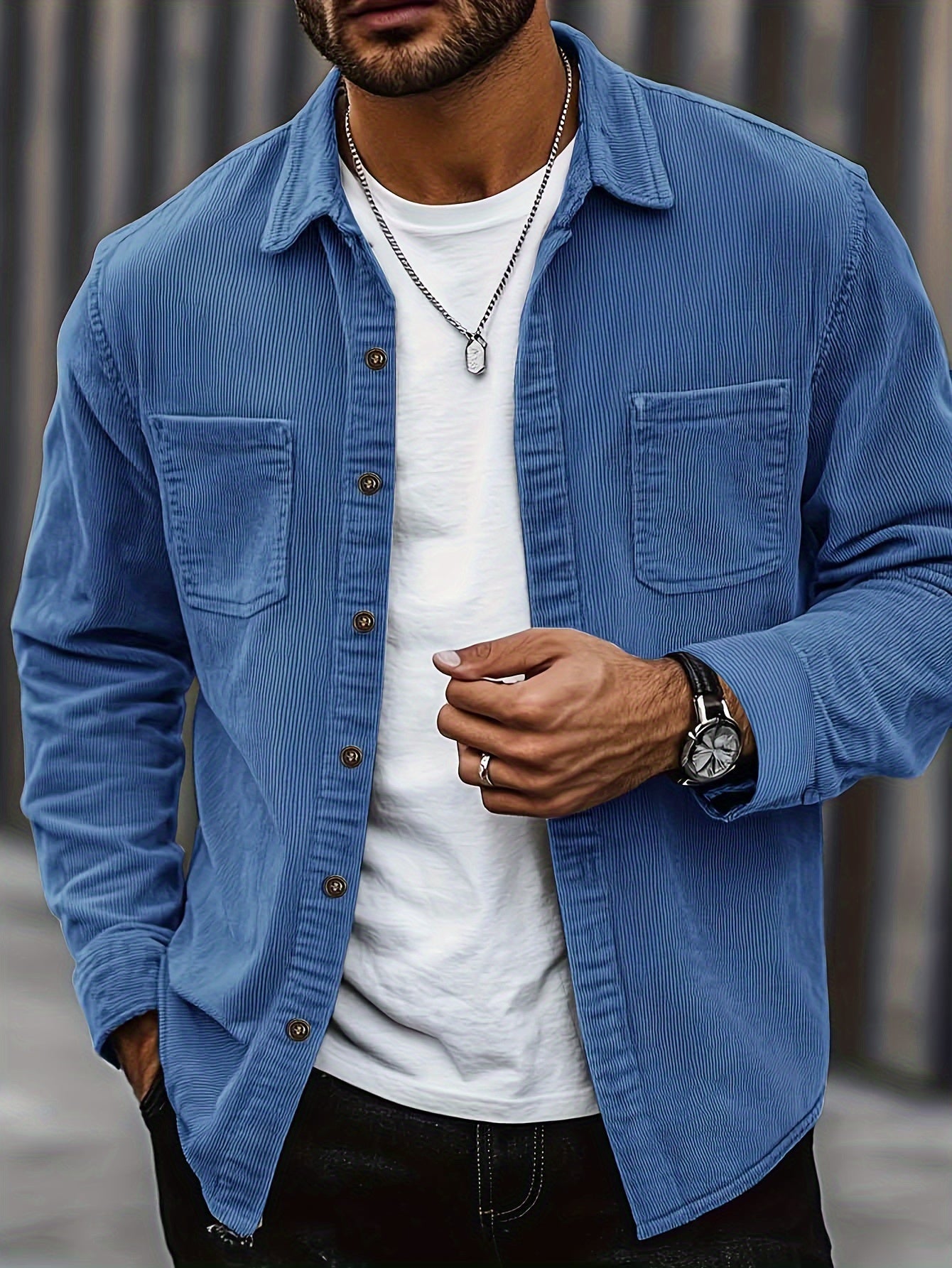 [Corduroy Casual Shirt] Light Blue Corduroy Men's Casual Shirt Jacket | Classic Collar, Button-Up Long Sleeve with Double Chest Pockets, Perfect for Spring & Fall, Everyday Fashion, Street Style, and Office Wear
