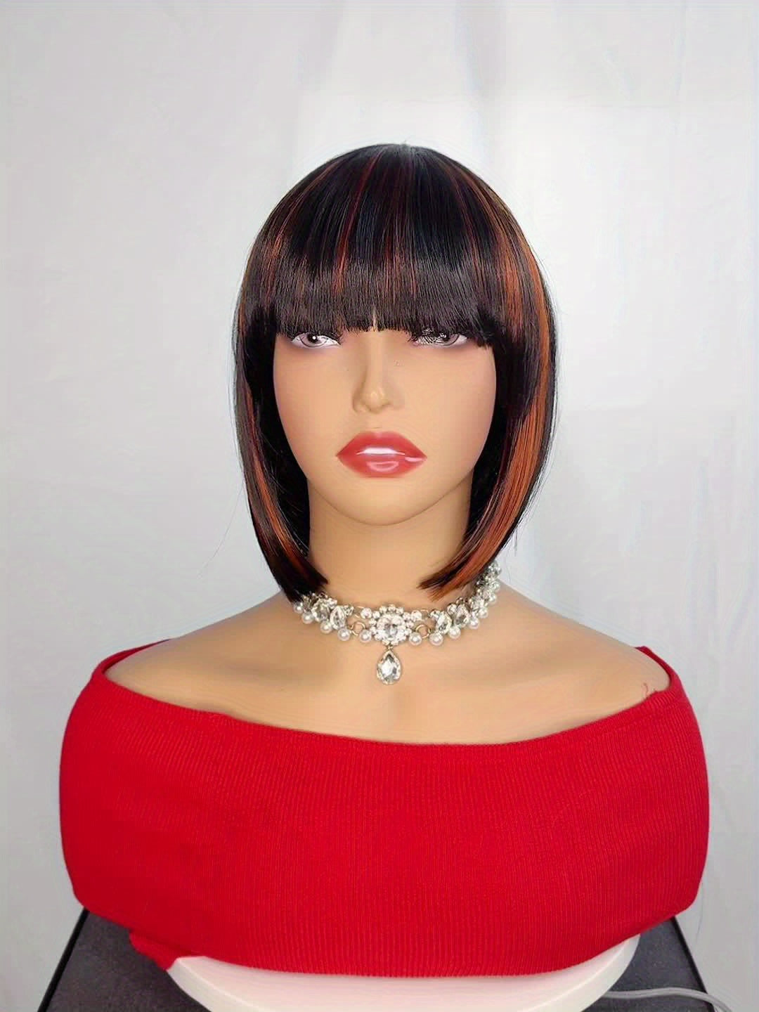 Short Bob Wigs With Bangs - 10 Inch Black Mix Brown Straight Hair Daily Costume Wig For Women, Soft Light Synthetic Hair Replacement Wigs Heat Resistant