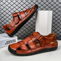 Men's Retro Brown Faux Leather Sandals - Adjustable Hook and Loop Fastener, Non-Slip Rubber Sole, Comfortable Open-Toe Slides for Outdoor Hiking, Trekking, Beach Wear | Spring/Summer/Autumn