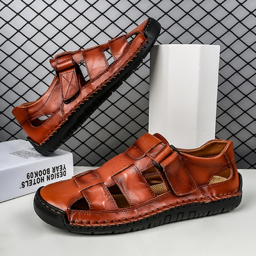 Men's Retro Brown Faux Leather Sandals - Adjustable Hook and Loop Fastener, Non-Slip Rubber Sole, Comfortable Open-Toe Slides for Outdoor Hiking, Trekking, Beach Wear | Spring/Summer/Autumn