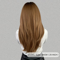 Heat Resistant Long Wavy Honey Blonde Wig with Bangs for Women - Natural Synthetic Brown Wig with Layered Style