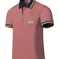Men's Casual Shirt - Vibrant Red with Golden Embroidered Crest, Short Sleeve Summer Shirt, Regular Fit, Black & Yellow Trim Collar, Breathable Fabric for Casual & Semi-Formal Wear, Contrast Stripe Detailing