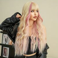 Highlight Long Curly Wavy Wig With Bangs Synthetic Wig Beginners Friendly Heat Resistant Elegant For Daily Use Wigs For Women