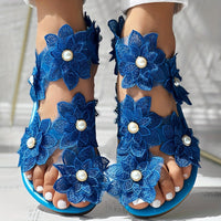 [Flowers Flat Women's Sandals] Women's Flowers Flat Sandals, Fashion Toe Loop Faux Pearl Slip On Shoes, Casual Beach Travel Sandals