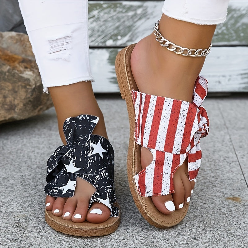 Women's Flag Pattern Slide Sandals, Bowknot Toe Loop Slip On Flat Shoes, Casual Sandals For The 4th Of July Summer Casual Shoes For Independence Day