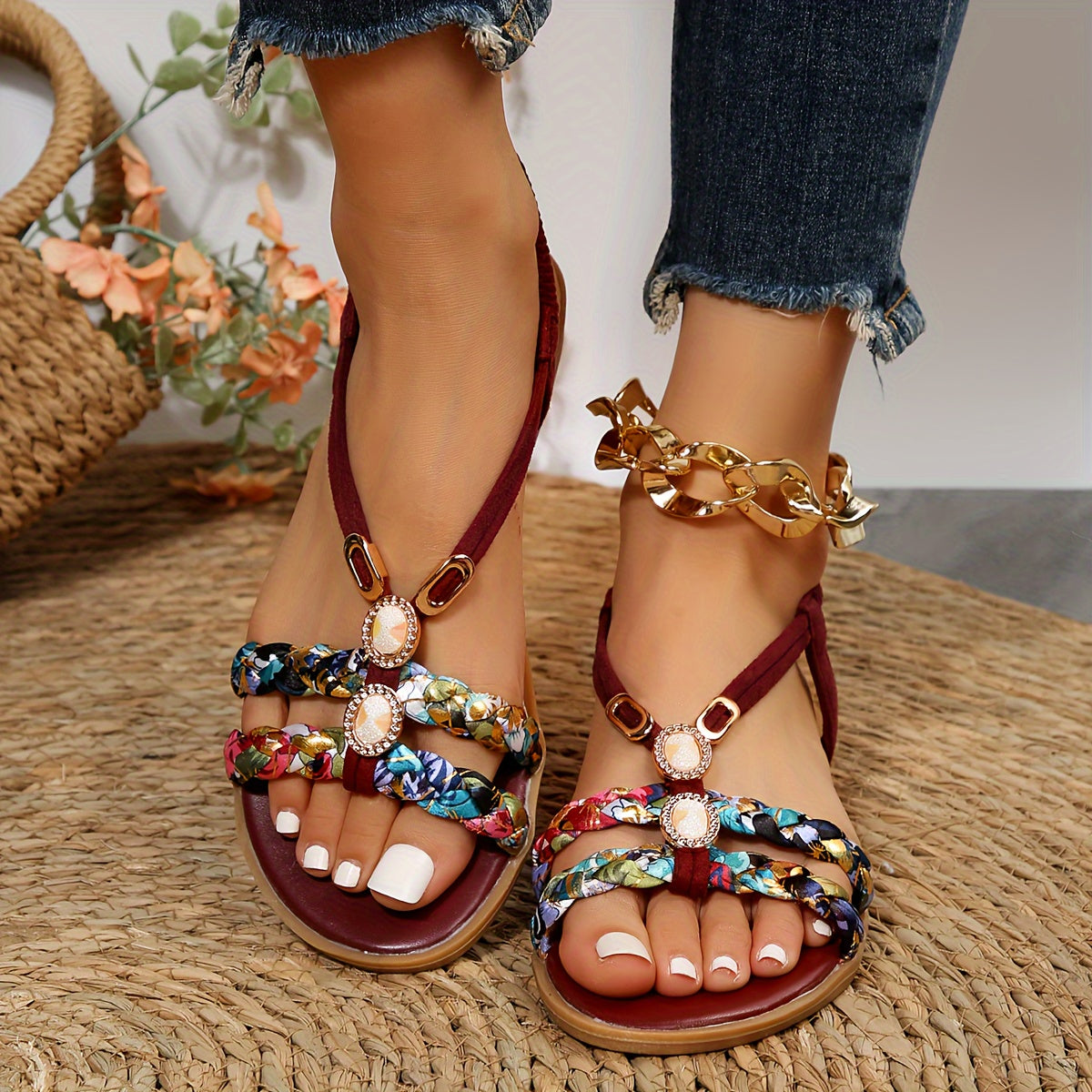Chic Womens Ethnic Style Braided Sandals - Fashionable Slip-On Design for Outdoor Comfort - Handcrafted Flat Sandals with Cushioned Ease
