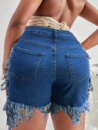 Plus Size Bohemian Chic Stretchy Denim Shorts - Ultra-Stretchy Fabric, Adjustable Elastic Waistband, Trendy Fringe Hem Detail - Designed for Curvy Women, Perfect for Summer Fashion, High-Quality Denim Material