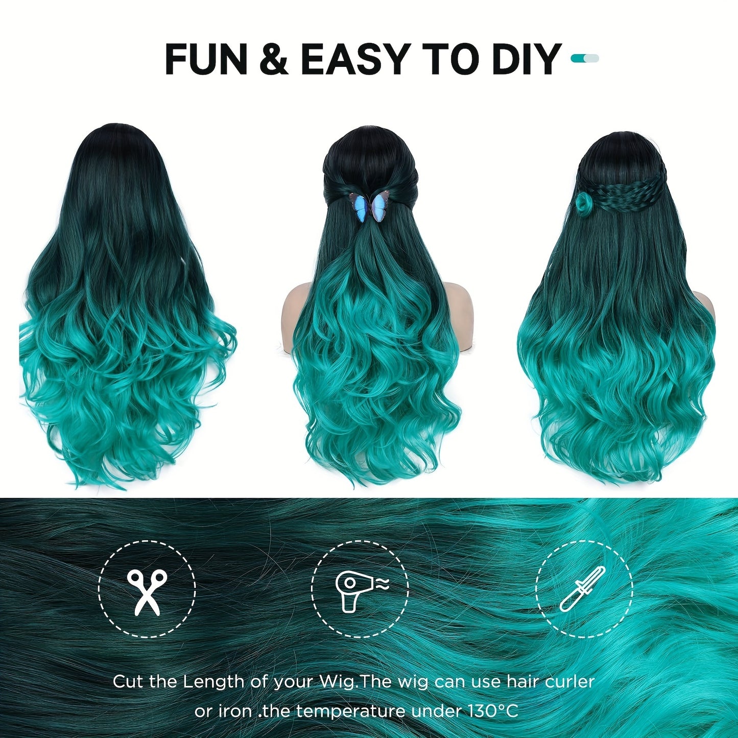Long Wavy Wig Ombre Bluish Green Wigs Long Curly Ombre Color Hair Wigs Middle Part Synthetic Mermaid Green Wigs For Women Daily Party Cosplay
