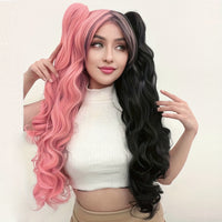 Ponytail Wig Synthetic Long Black And White Color Blocking White Blue Red Colored Curly Cosplay Wig With Double Ponytails For Black Friday Halloween Christmas Thanksgiving Day For Music Festival