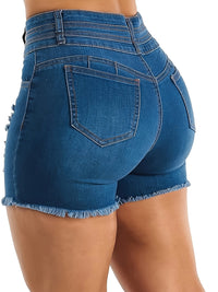High-Waist Solid Color Ripped Denim Shorts - Stretchy Slim Fit, Trendy Button Fly, Machine Washable, Summer Casual Wear - Customized Woven Shorts