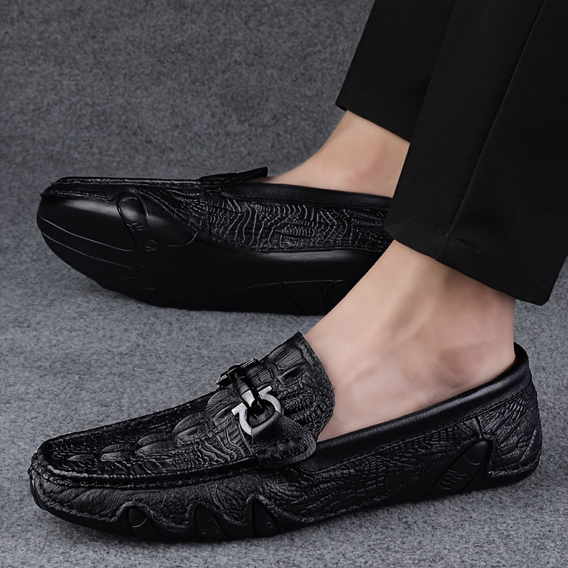 Men's Solid Colour Top Grain cow Leather Vintage Slip On Penny Loafer Shoes, Comfy Non Slip Durable Rubber Sole Formal Shoes, Men's Footwear