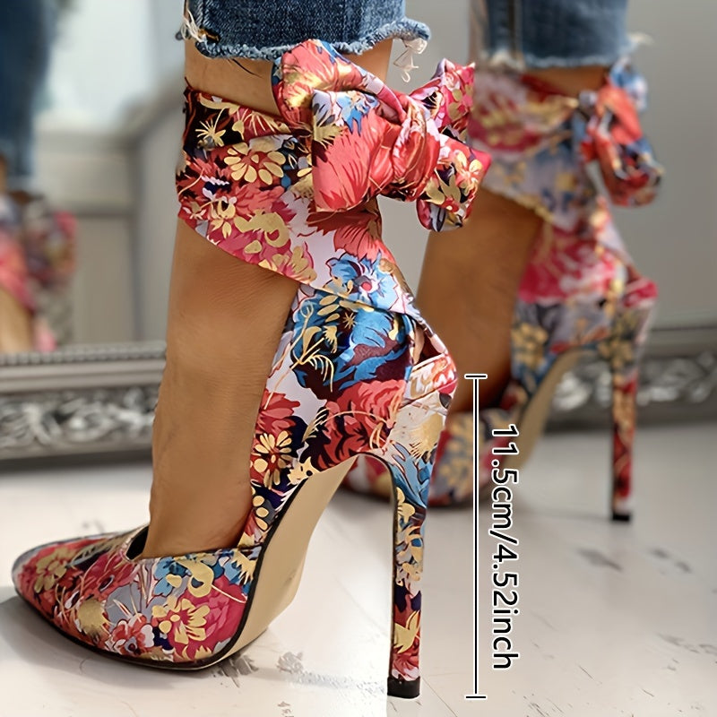 Women's Strappy Floral Print Satin Stiletto High Heels - Pointed Toe Lace Up D'Orsay Pumps with Ultrahigh Heel, Fabric Upper & Man Made Sole | Party & Dress Shoes | Fashion Stiletto Sandals