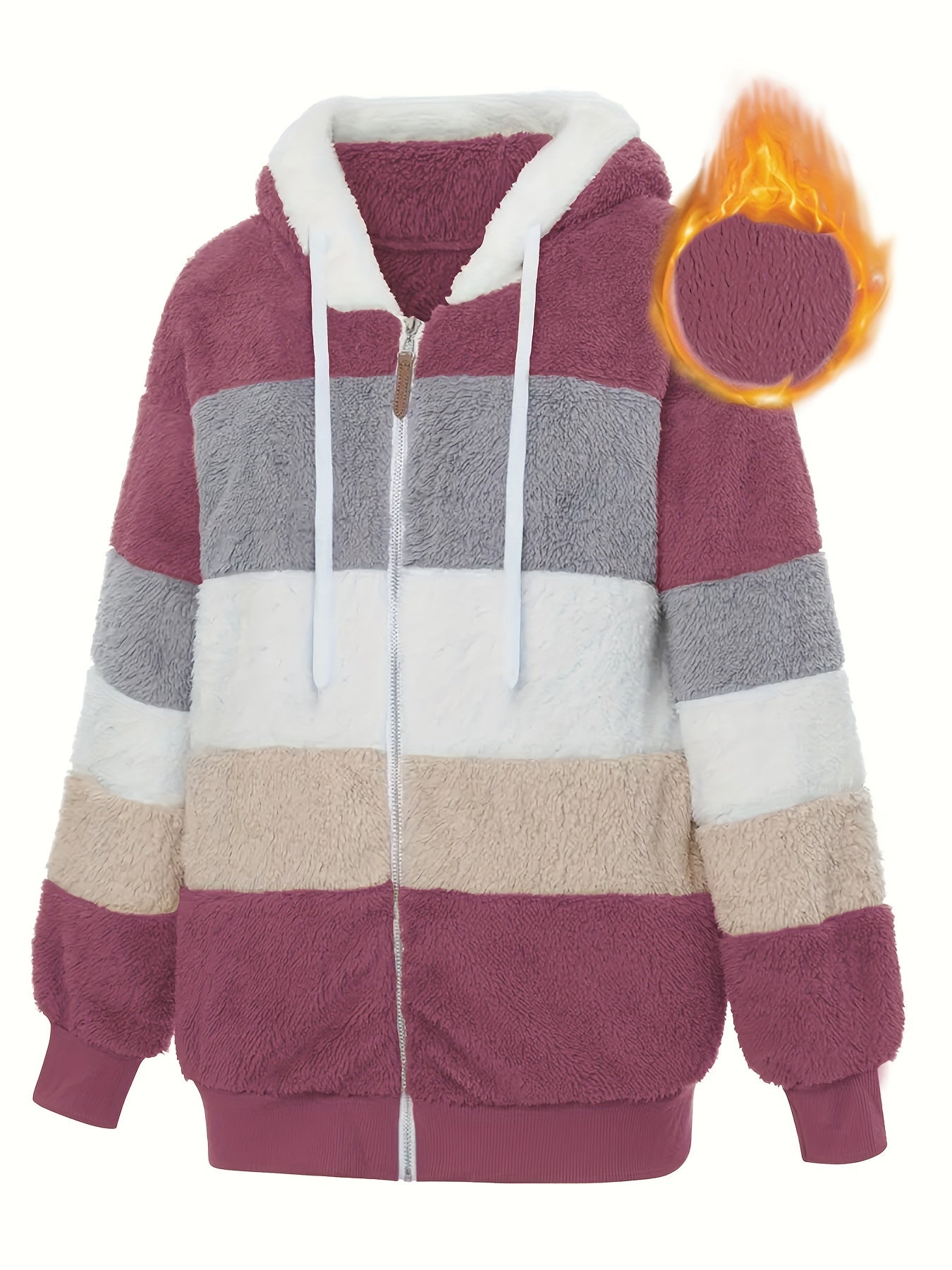 Plus Size Casual Coat, Women's Plus Colorblock Teddy Fleece Hooded Drawstring Zipper Long Sleeve Loose Fit Coat With Pockets