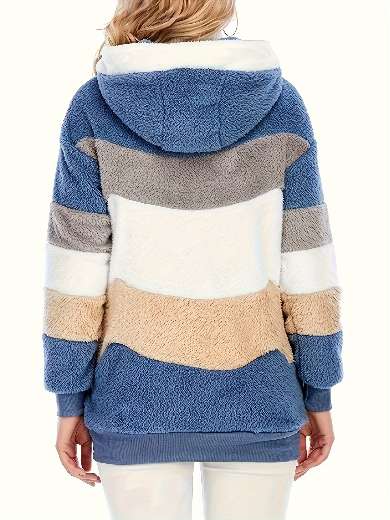 Womens Ultra-Soft Teddy Fleece Color Block Hooded Coat - Stylish Zip Up Winter Warm Outerwear with Full Hood and Long Sleeves - Trendy Casual Clothing for Chilly Days