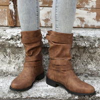 Mid Calf Ruched Buckle Solid Color Retro Western Short Boots For Women Cowboy Boots