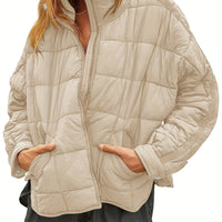 Zip Up Solid Coat, Casual Long Sleeve Winter Warm Versatile Outerwear, Women's Clothing