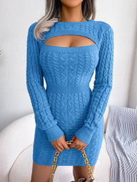 Solid Ribbed Knit Keyhole Dress, Elegant Crew Neck Long Sleeve Bodycon Dress - Stretchy & Comfortable Fabric - For Women - Perfect for Parties & Night Out - Ideal Gift for Her