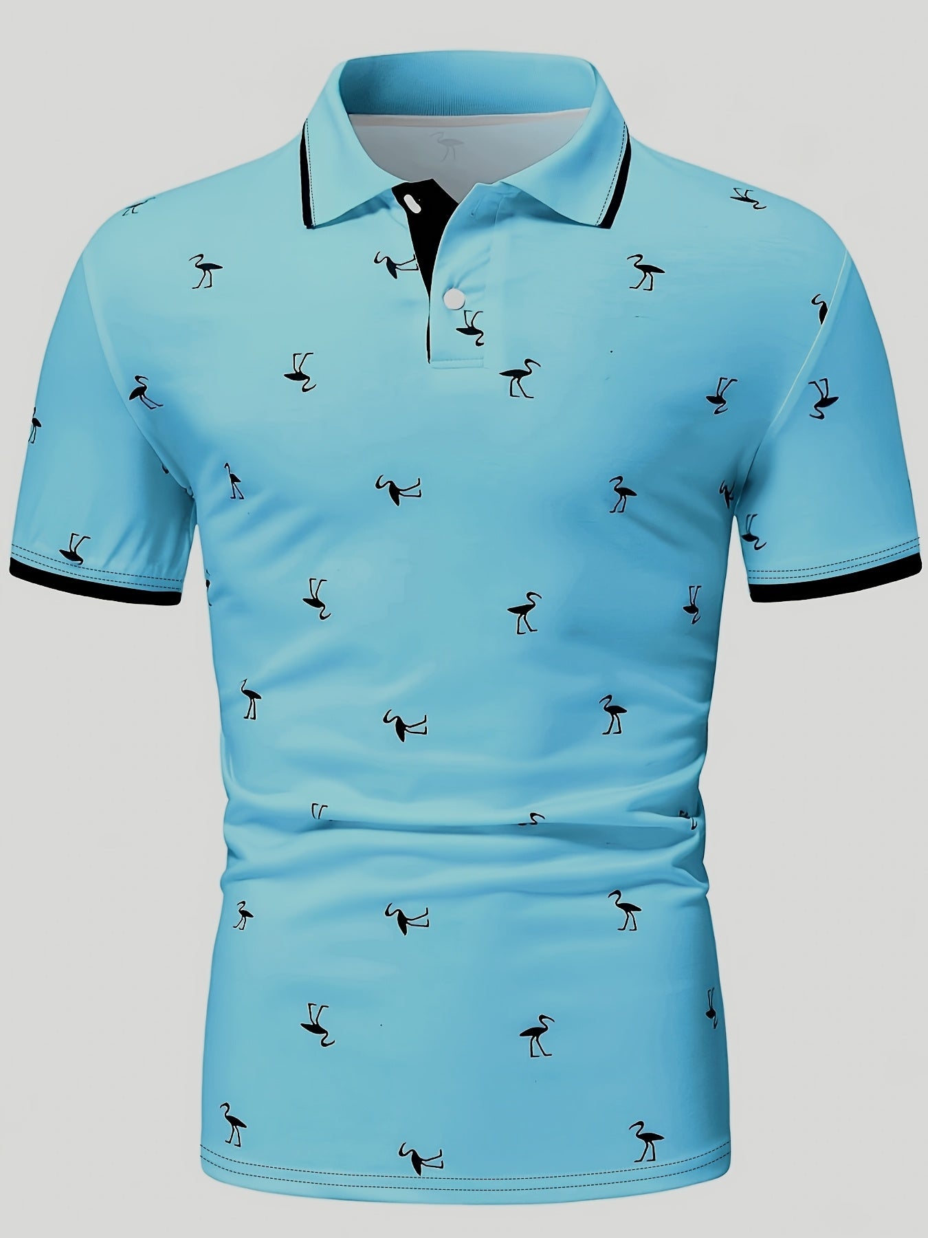 Men's Casual Shirt with Striped Collar & Golf Silhouette Pattern - Vibrant Blue, Breathable Fabric, Machine Washable, Regular Fit for Golf & Leisure Wear, Golf Shirt, Active Lifestyle Apparel, Colorful Casualwear, Durable Cas