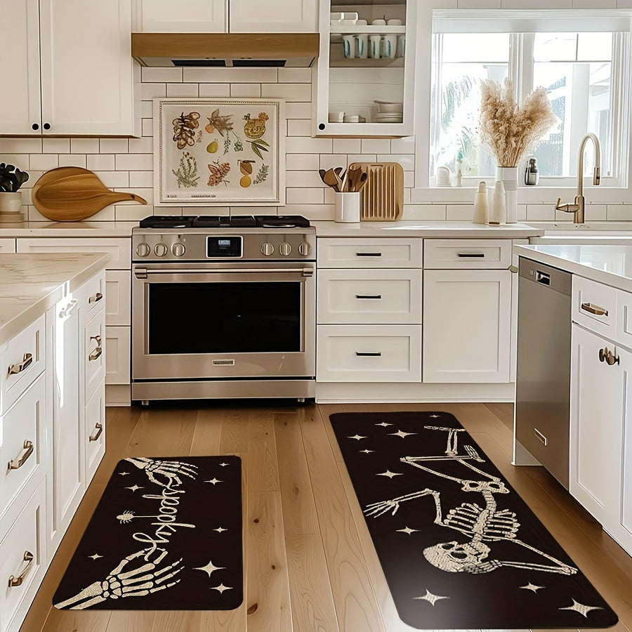 2-Pack Spooky Ghost Halloween Kitchen Mats - Durable Polyester Rugs with Vibrant Skeleton, Spider, and Bone Designs, Machine Washable, Non-Slip, and Water-Resistant for Spooky Home Decor All Year Round