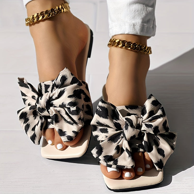 Womens Fashion Leopard Print Bowknot Flat Slides - Comfortable Slip-On Open Toe Slide Sandals with Strappy Back, Rubber Sole, and Synthetic Leather Insole - Perfect for Casual Daily Wear