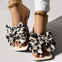Womens Fashion Leopard Print Bowknot Flat Slides - Comfortable Slip-On Open Toe Slide Sandals with Strappy Back, Rubber Sole, and Synthetic Leather Insole - Perfect for Casual Daily Wear