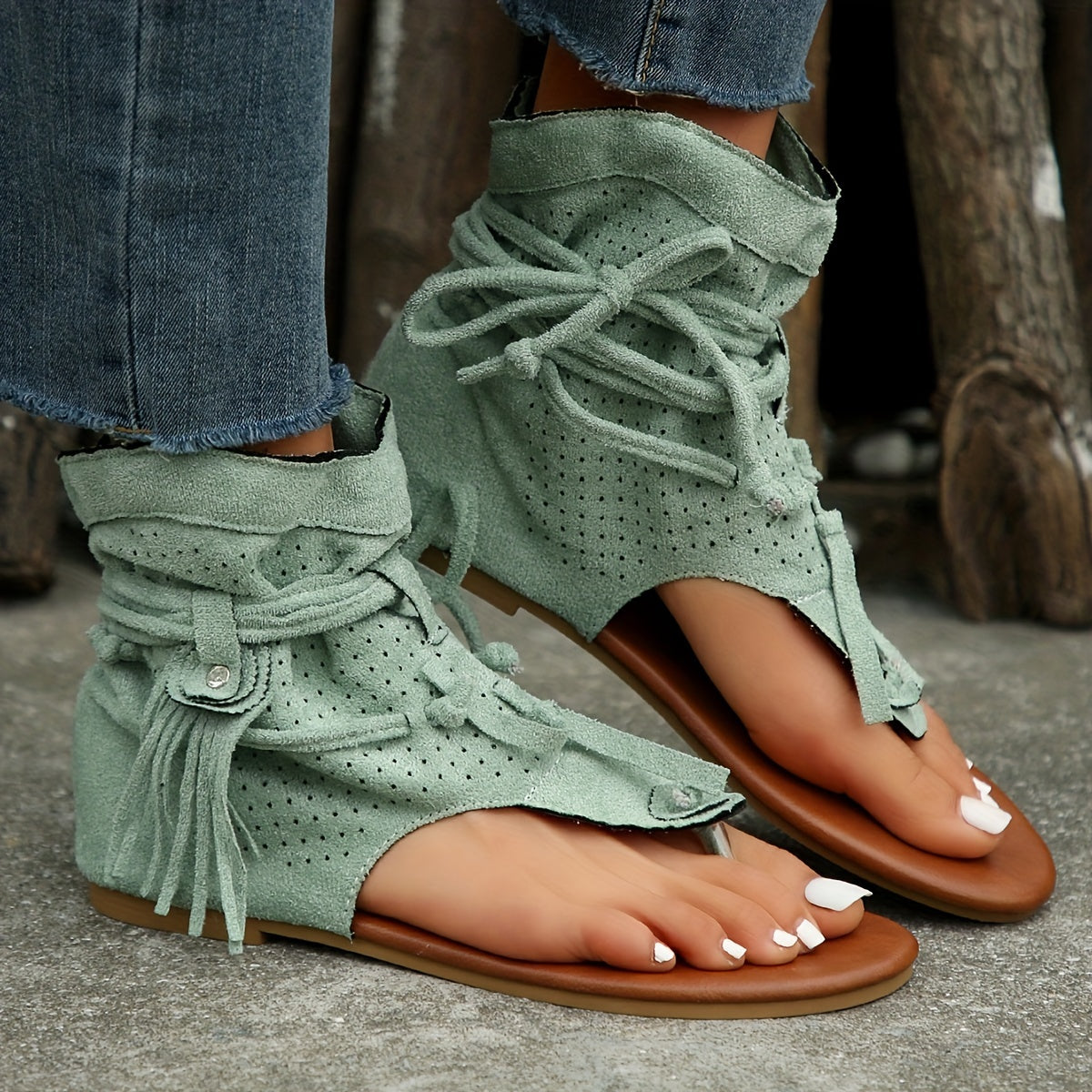 Cross-border Cool Boots European and American Hot Selling Retro Comfortable Flat Bottom Tassel Hollow Toe Women's Sandals