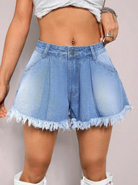 Women's Summer Casual Denim Shorts, Frayed Hem, Light Blue, Zip Buttton Closure, High-Waisted, Fashion Streetwear