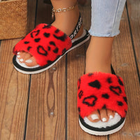 Leopard Print Fuzzy Flat Slippers, Open Toe Elastic Strap Slip On Shoes, Cozy & Warm Home Slipper Sandals