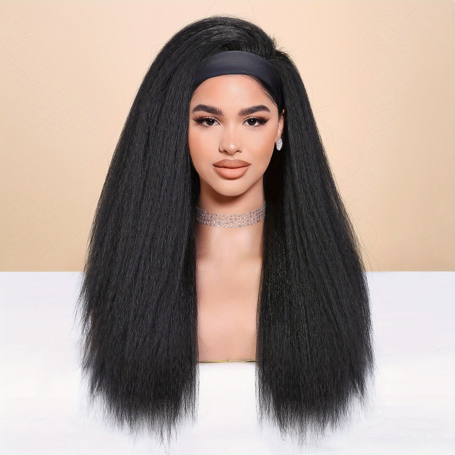 Kinky Straight Headband Wig For Women Yaki Straight Wigs With Black Headband Kinky Afro Wigs For Women
