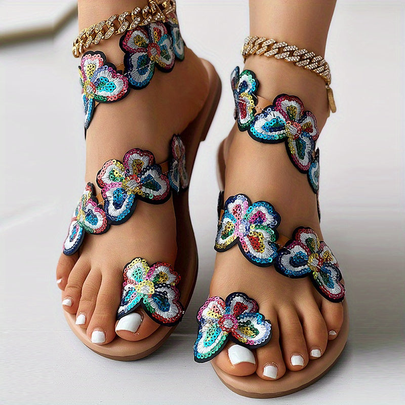 [Flowers Flat Women's Sandals] Women's Flowers Flat Sandals, Fashion Toe Loop Faux Pearl Slip On Shoes, Casual Beach Travel Sandals
