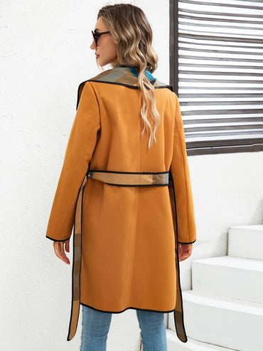 Waterfall Collar Contrast Trim Coat, Casual Open Front Long Sleeve Outerwear, Women's Clothing