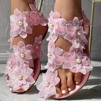 [Flowers Flat Women's Sandals] Women's Flowers Flat Sandals, Fashion Toe Loop Faux Pearl Slip On Shoes, Casual Beach Travel Sandals