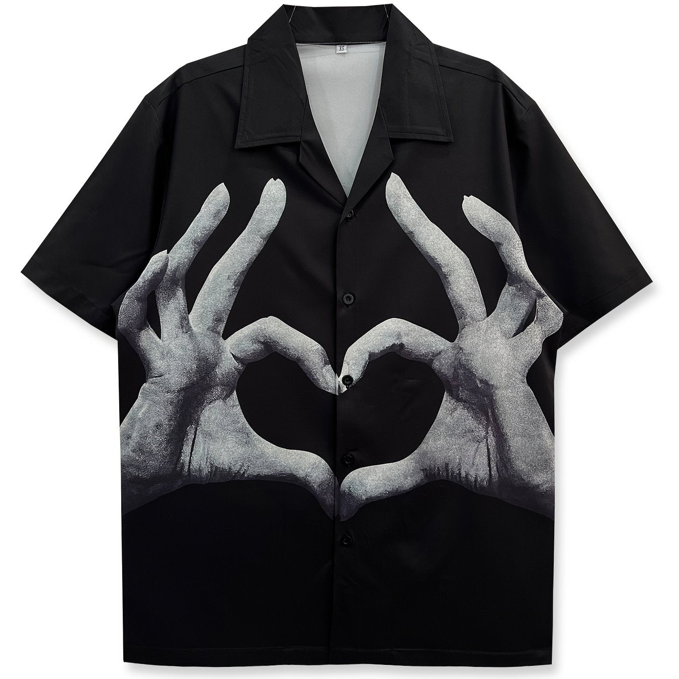 Valentine's Day Men's Casual Shirt with Cute Heart Gesture Print, Hawaiian Style Short Sleeve Button-Up, Polyester, Summer Beachwear - Available in XS to XXL
