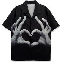 Valentine's Day Men's Casual Shirt with Cute Heart Gesture Print, Hawaiian Style Short Sleeve Button-Up, Polyester, Summer Beachwear - Available in XS to XXL