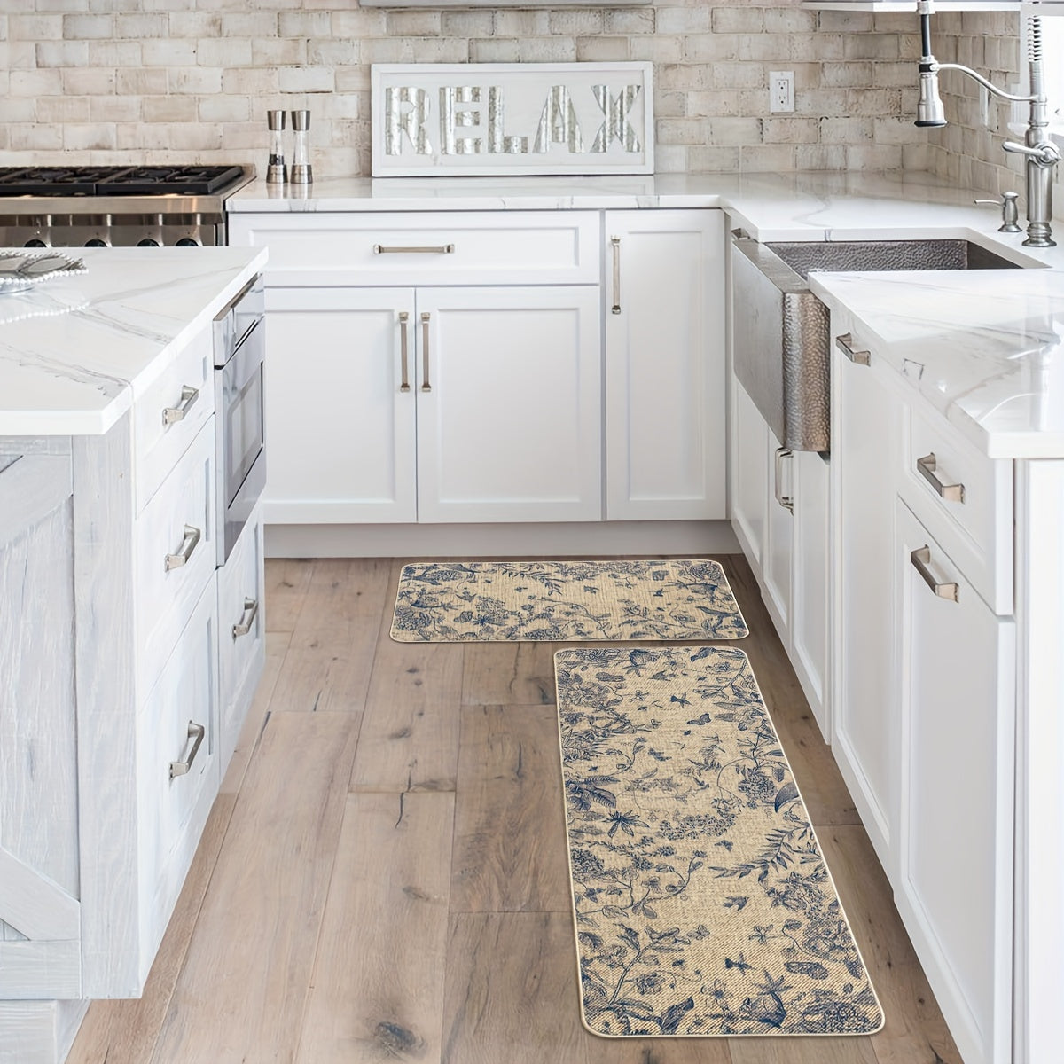 2pcs/set Sm:)e Flower Bird Leaves Kitchen Mats, Home Decor Low-Profile Kitchen Rugs For Floor - 17x29 Inches And 17x47 Inches