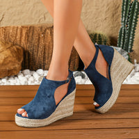 Chic Espadrille Wedge Sandals - Stylish Peep Toe with Cut-out Detail, Adjustable Buckle Strap, Stiletto Heels, and Comfortable Platform - Perfect Trendy Footwear for Your Summer Holiday