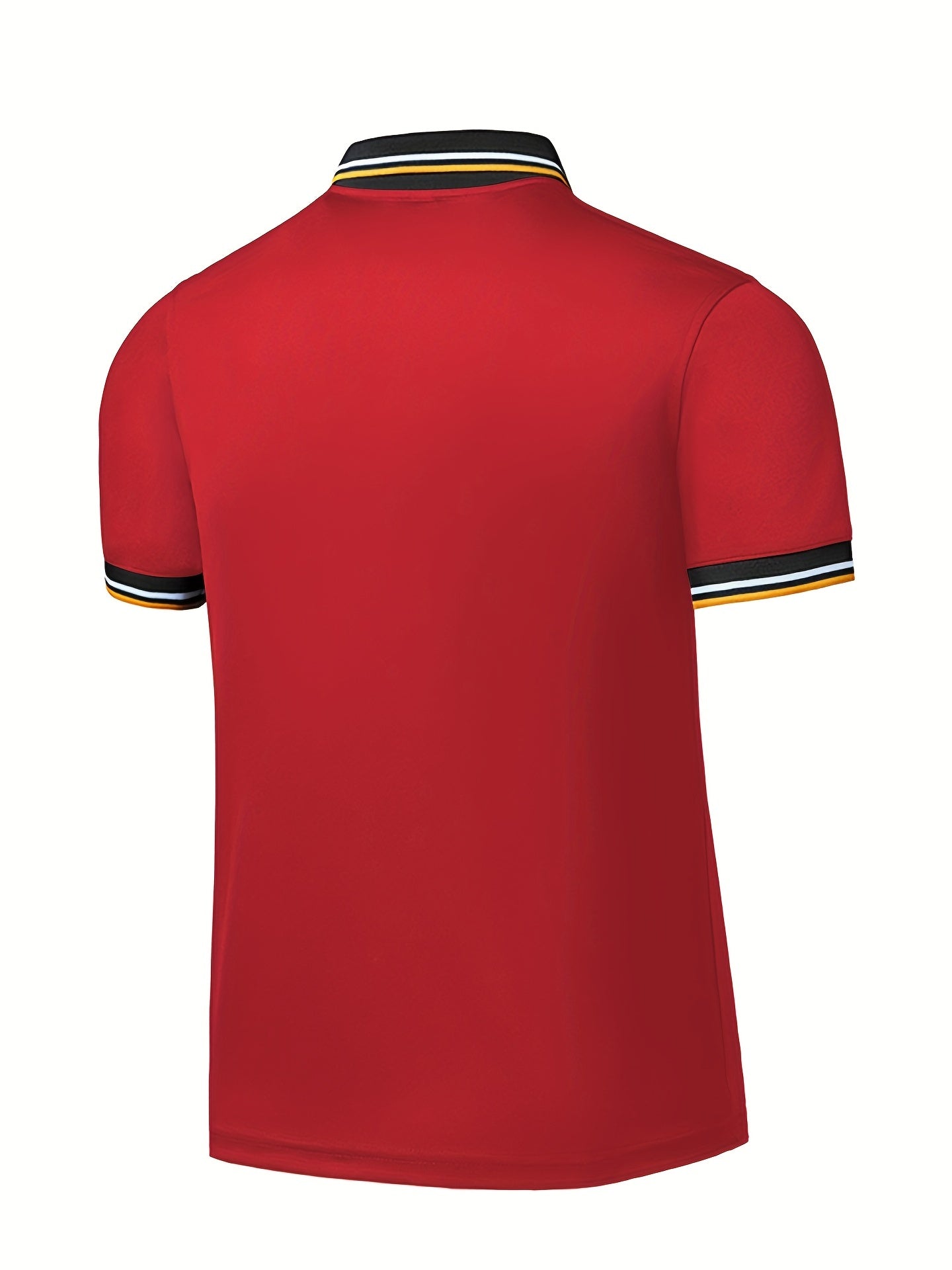 Men's Casual Shirt - Vibrant Red with Golden Embroidered Crest, Short Sleeve Summer Shirt, Regular Fit, Black & Yellow Trim Collar, Breathable Fabric for Casual & Semi-Formal Wear, Contrast Stripe Detailing