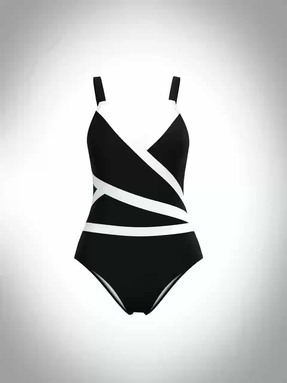 Chic Black & White Color Block V-Neck One-Piece Swimsuit - Stretchy, Slimming & Retro Style - Womens Bathing Suit for a Flattering Beach Look
