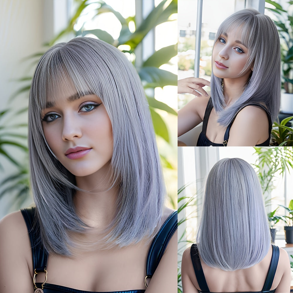 Natural Black Straight Synthetic Wig For Women With Bangs 18inch Cosplay Halloween Party Heat Resistant