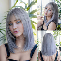 Natural Black Straight Synthetic Wig For Women With Bangs 18inch Cosplay Halloween Party Heat Resistant