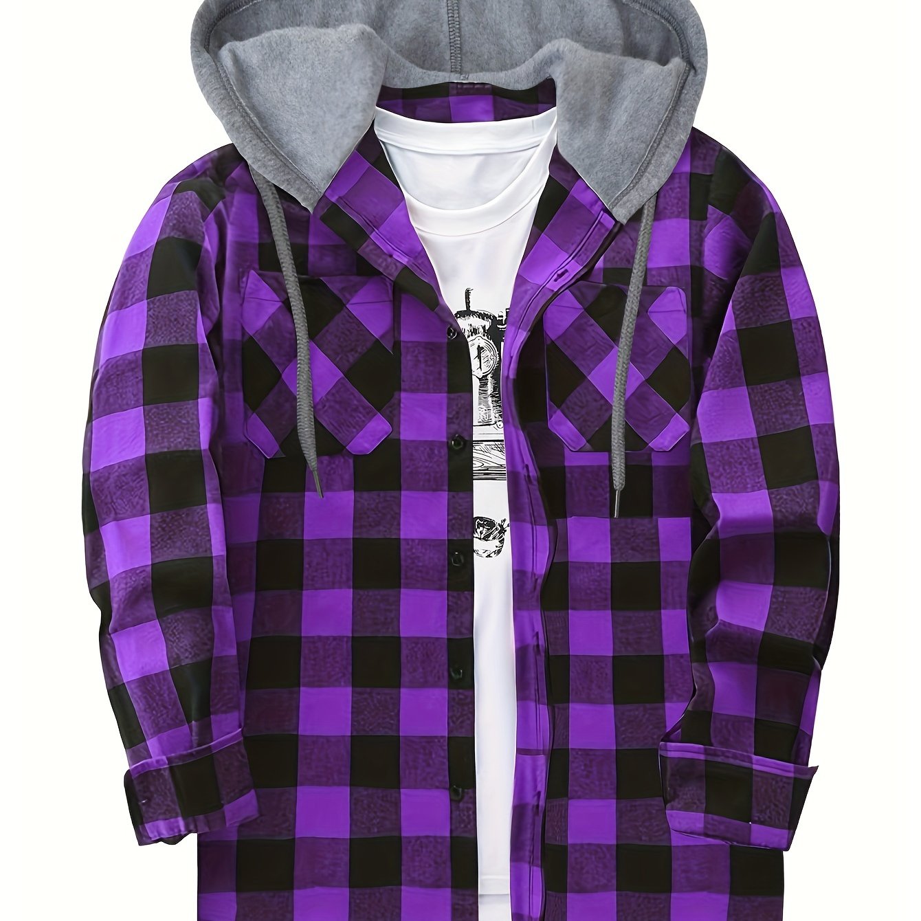 Long Sleeve Casual Regular Fit Button Up Hooded Shirts Jacket, Plaid Shirt Coat For Men