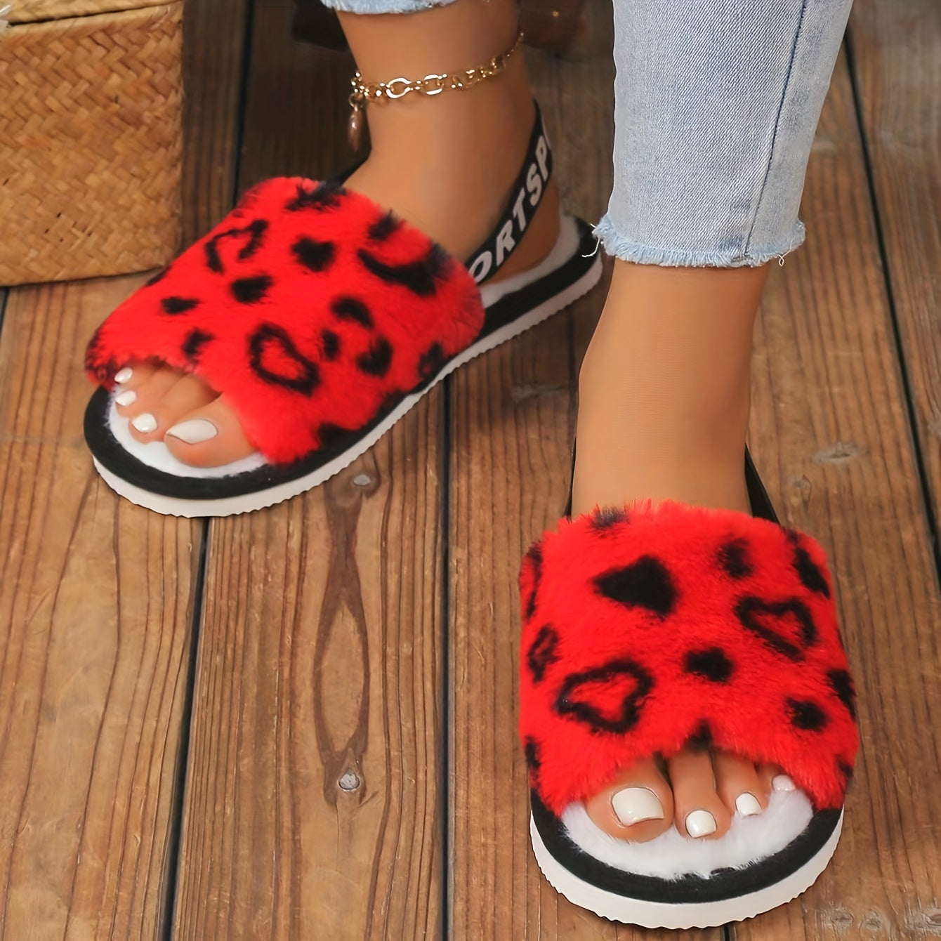 Leopard Print Fuzzy Flat Slippers, Open Toe Elastic Strap Slip On Shoes, Cozy & Warm Home Slipper Sandals